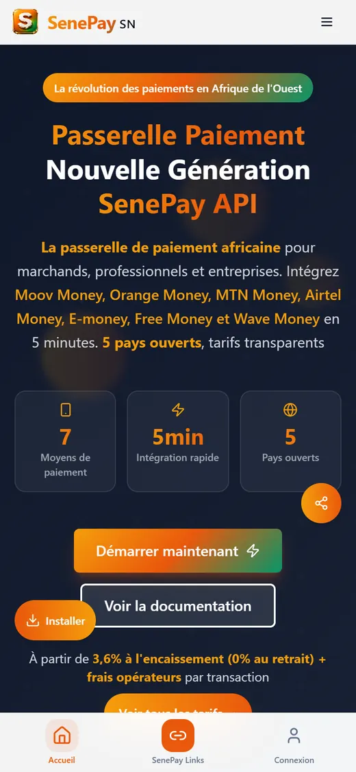 Page d'accueil de SenePay, passerelle de paiement mobile, version mobile